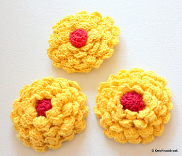 Yellow and Red Crochet Flower Applique x 1